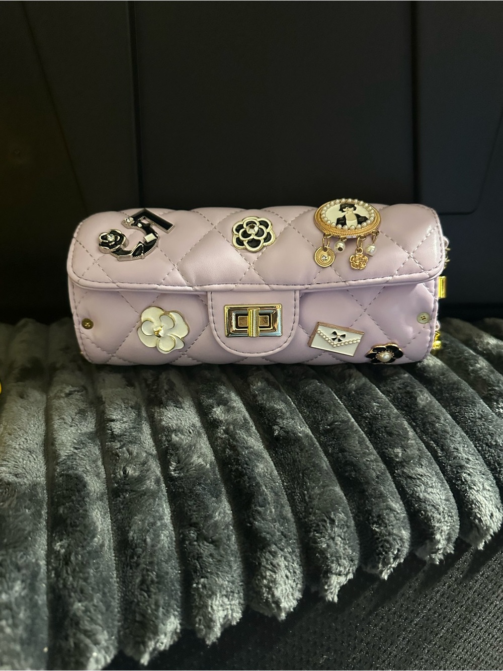 Quilted Lavender Crossbody Bag with Decorative Charms